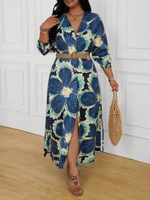 女士衬衫裙休闲连衣裙时尚休闲度假日常常规款式花卉 3/4 长袖衬衫领红色海军蓝夏季