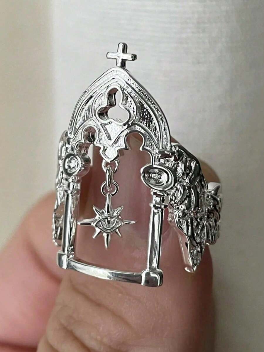 1pc Fashionable And Personalized Copper And Silver Castle Sun Eyes Cross Wings Hollow Geometric Open Ring For Women's Party Daily Wear - Bạc - Xem 1