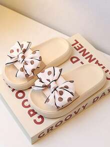 Pantuflas con decoración de lazo para niñas, suela suave para uso interior y exterior/playa, estilo princesa coreano, para verano - Albaricoque - Ver 3