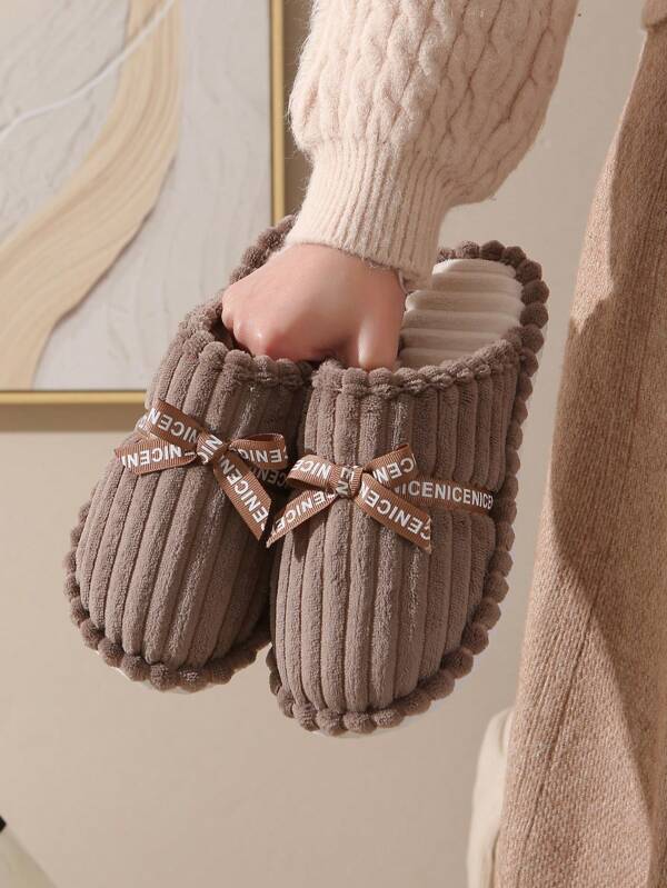 Pantuflas de mujer de pana para otoño/invierno, pantuflas para interior de casa cálidas con lazo, de punta cerrada y estilo slip-on