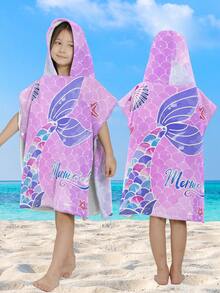 1 Pc Children's Hooded Poncho, Super Soft Microfiber, Cute Mermaid & Pearl Shell Cartoon Print, Absorbent & Warm, Suitable For Beach, Bathroom, Swimming, Surfing
