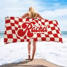 1pc Personalized Custom Name Beach Towel, Twisted Check Pattern, Multicolor, Absorbent, Quick-Drying, Large-Sized, Soft, Comfortable, Pool Towel For Beach Parties, Pool Parties, And Beach Vacations, For Fitness, Yoga, Swimming, And Seaside Trips Back To School