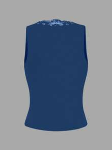 Women Sexy Lace V-Neck Y2K Comfortable Casual Beach Vacation Versatile Commuter Tank Top, Spring/Summer - Navy Blue - View 2