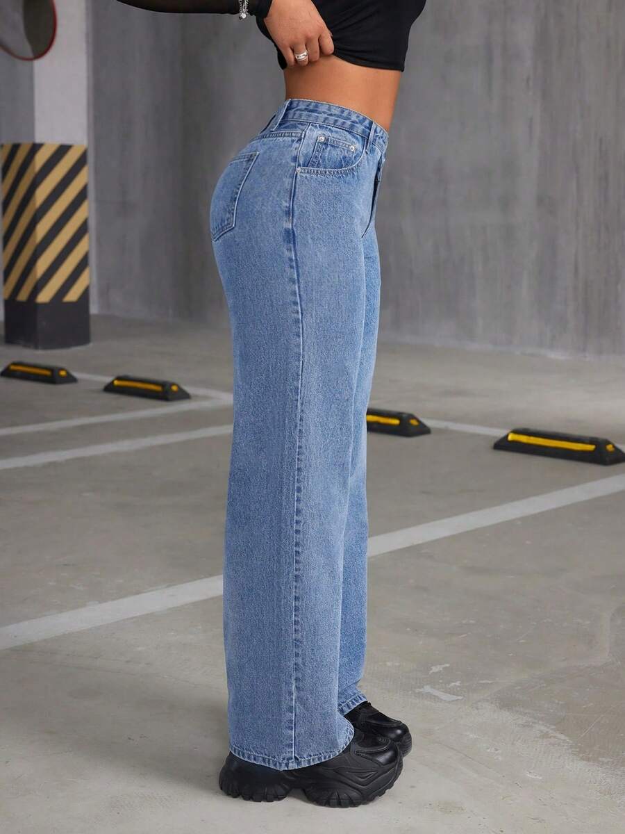 Versátil y de moda, cintura ancha, cabeza suelta, cintura media, lavado de agua, vaqueros adelgazantes, casual picante, pantalones simples y versátiles - azul real - Ver 1