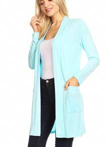 Classic Open Front Long Sleeve Cardigan With Side Pockets  Plain  Casual    Pocket      Daily - 水藍色 - 查看 3