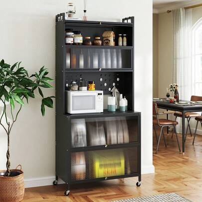  GOFLAME Kitchen Pantry Cabinet, Buffet Cabinet With Hutch, 4 Metal Hanging Hooks, Pegboard, 6-Tier Carbon Steel Kitchen Storage Rack For Living Room Dining Room Kitchen