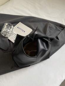 1 件黑色软 PU 皮革扭纹褶皱手提包，简约风格拼布手提包，女士工作通勤钱包