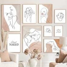 1pc Heart Hands Line Girl Boy Abstract Nordic Posters Wall Art Canvas Painting Pictures For Living Room Decoration Optional Frame ,Wall Art With Frame - Multicolor - View 2