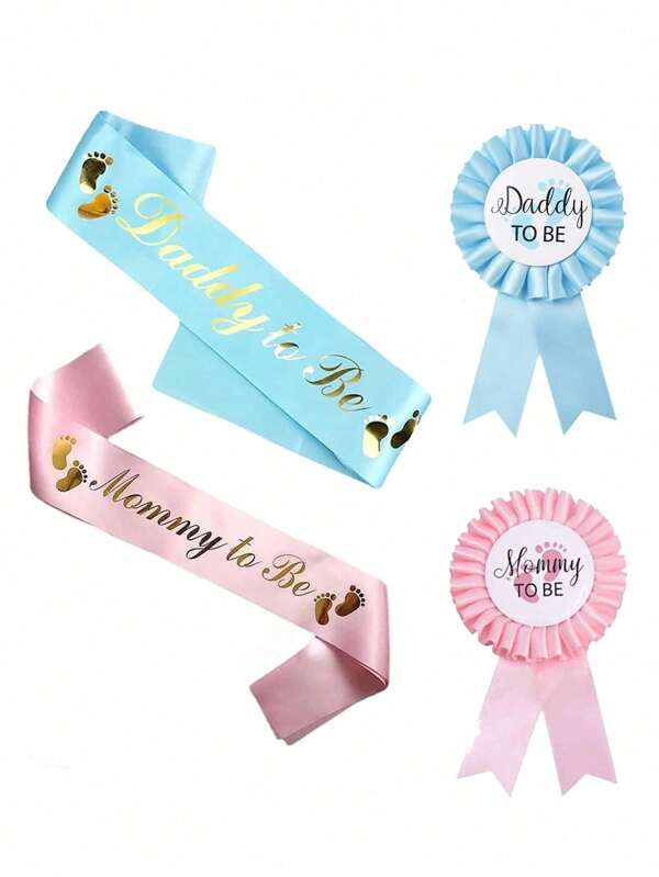 4 Piece Baby Shower Mommy To Be & Daddy To Be Sash & Button Set