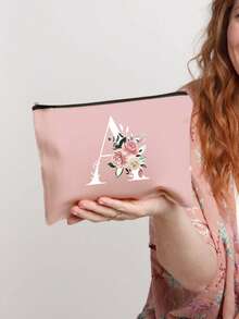 1pc Letter A-Z Flower Print Makeup Bag, Gift For Girls, Cute Retro Simple Fashion Letter Pattern Printed Bag Storage Bag,Cosmetic Pouch For Small Items Storage,Storage Bag, Makeup Storage Bag, Toiletry Bag, Clutch Bag, Lightweight Foldable Storage Bag, Simple Shopping Bag, Teacher Gift Clutch Bag,Storage For Nurses, Doctors, Teachers Bag, Suitable For Personal Travel Cosmetics Storage - Pink - View 6