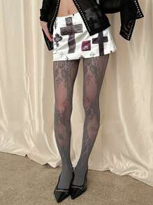 1 pieza Medias vintage de mujer con jacquard de encaje y rosas florales, pantalones ajustados de alta elasticidad, pantimedia transparente y estilizadora