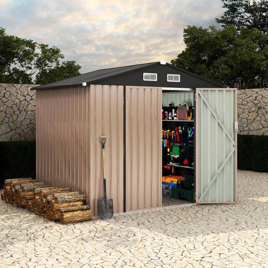 Cobertizo de almacenamiento de metal de 6x8 pies para exteriores, caseta de jardín de metal con kit, cobertizo de herramientas de metal con puerta con cerradura, edificios de cobertizo de uso general de metal con ventilación para patio trasero, jardín y césped - Marrón - Ver 1