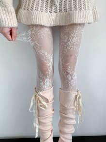 1 pieza Medias vintage de mujer con jacquard de encaje y rosas florales, pantalones ajustados de alta elasticidad, pantimedia transparente y estilizadora