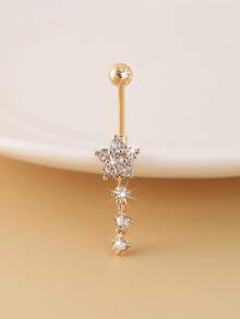1pc Fashionable Flower Micro Pave Zirconia Floral Long Belly Button Ring Body Chain - Yellow Gold - View 5