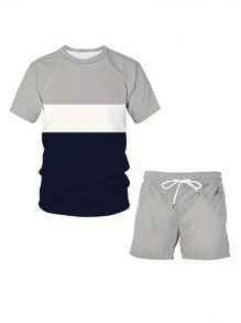Sommerlich atmungsaktives Lässig T-Shirt Set, Hip Hop Stil schwarzes & weißes Rundhalsen T-Shirt mit Kordelzug Shorts, Polyesterstoff Klassisches Design, Herren leichte Lässig Outfit, Herren Große Größen Kurzarm Shorts Set