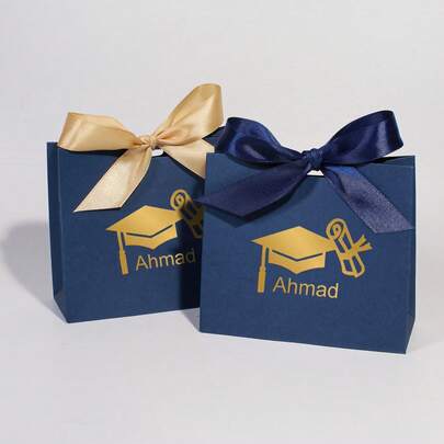 10/50pcs Personalized Graduation Gift Boxes Available In Blue, Pink, And Black, Featuring Gold Graduation Cap And Diploma Design, Satin Ribbon With Custom Name (E.G., Ahmad) - Perfect For Celebrating Academic Achievements, Multi-Functional, Reusable, Exquisite, Stylish, High-Quality, Colorful, Modern, Custom, Personalized, Unique, Ideal Gifts For Him, Ideal Gifts For Her, Boyfriend, Friends, Tea Room, Home, Garden, Office, For Anniversaries, For Valentine's Day, For Mother's Day, For Birthdays, For Father's Day, For Graduation, For Weddings, For Housewarming, Bakeware