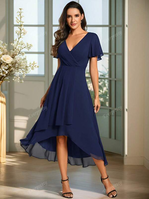 EVER-PRETTY Elegant Chiffon Ruffle Trim Contrast High-Low Hem A-Line Midi Chiffon Navy Blue Bridesmaid Dress Wedding Guest Dress For Wedding Vacation Mother Of Bride Dress