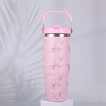 1pc Floral Stainless Steel Vacuum Insulated Travel Mug, Large Capacity Outdoor Cup
