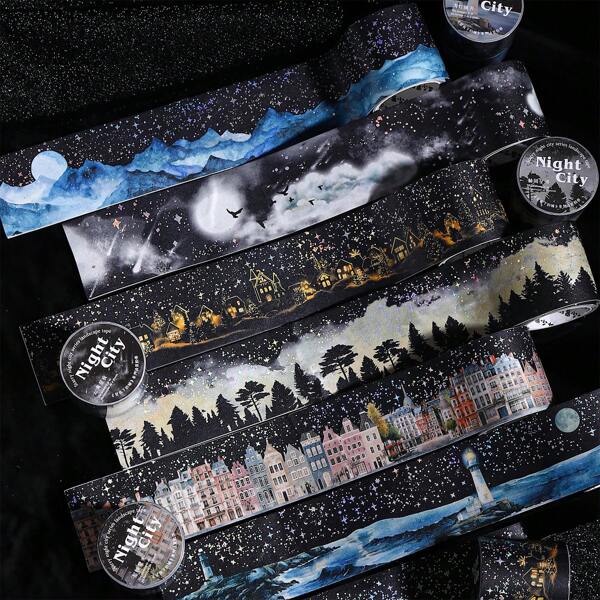 Tomato-jam Girl 1 Roll 78.74inch(200cm) Under The Starry Night Scenery Series Silver Stamping Laser Stickers On Roll Cutting Decor Hand Account DIY Collage Card Material Aesthetics Scrapbooking Office & School Supplies,School Supplies,Back To School