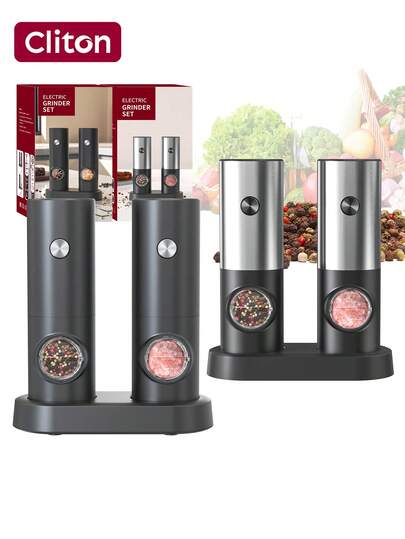 Juego de molinillos de sal y pimienta eléctricos (individual/doble/combo con base de almacenamiento) | Molinillo de especias con LED blanco y ajuste de grosor, alimentado por batería | Opciones en negro y negro plateado | Funciona con 4 pilas AAA (no incluidas) | Regalo perfecto para Navidad, aniversario o la cocina