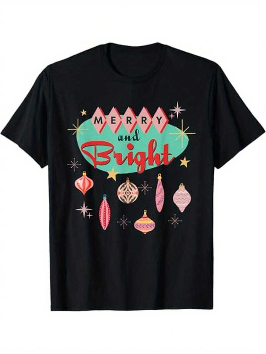 Retro Merry And Bright Mid Century Modern Christmas Ornament Men Women T Shirt,Cotton,For Christmas Decoration,Black - 黑色 - 查看 1