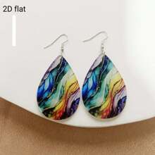 2D Flat Design. A Pair Of Teardrop - Shaped Earrings With Bohemian - Style Colorful Wavy Patterns And Blue - And - White Porcelain Patterns, Incorporating Elements Of Oil Paintings. Suitable For Parties And Music - Themed Occasions.