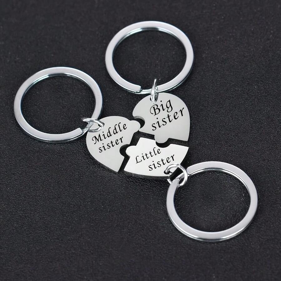 3pcs Stainless Steel Sister Keychain Set - Cute Matching Heart Puzzle Design, Big Sis Mid Sis Lil Sis Engraved Key Rings, Creative Bag Charms & Backpack Pendants, Sister Gift Item|Sisterhood Symbols|Stainless Steel Jewelry, Customized Sister Gifts - 樣式 1 - 查看 1