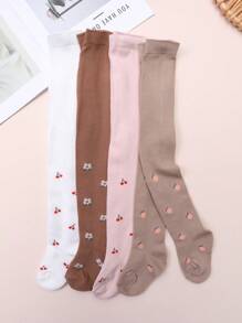 4pcs Girls' Printed Stirrup Tights, Suitable For Spring And Autumn