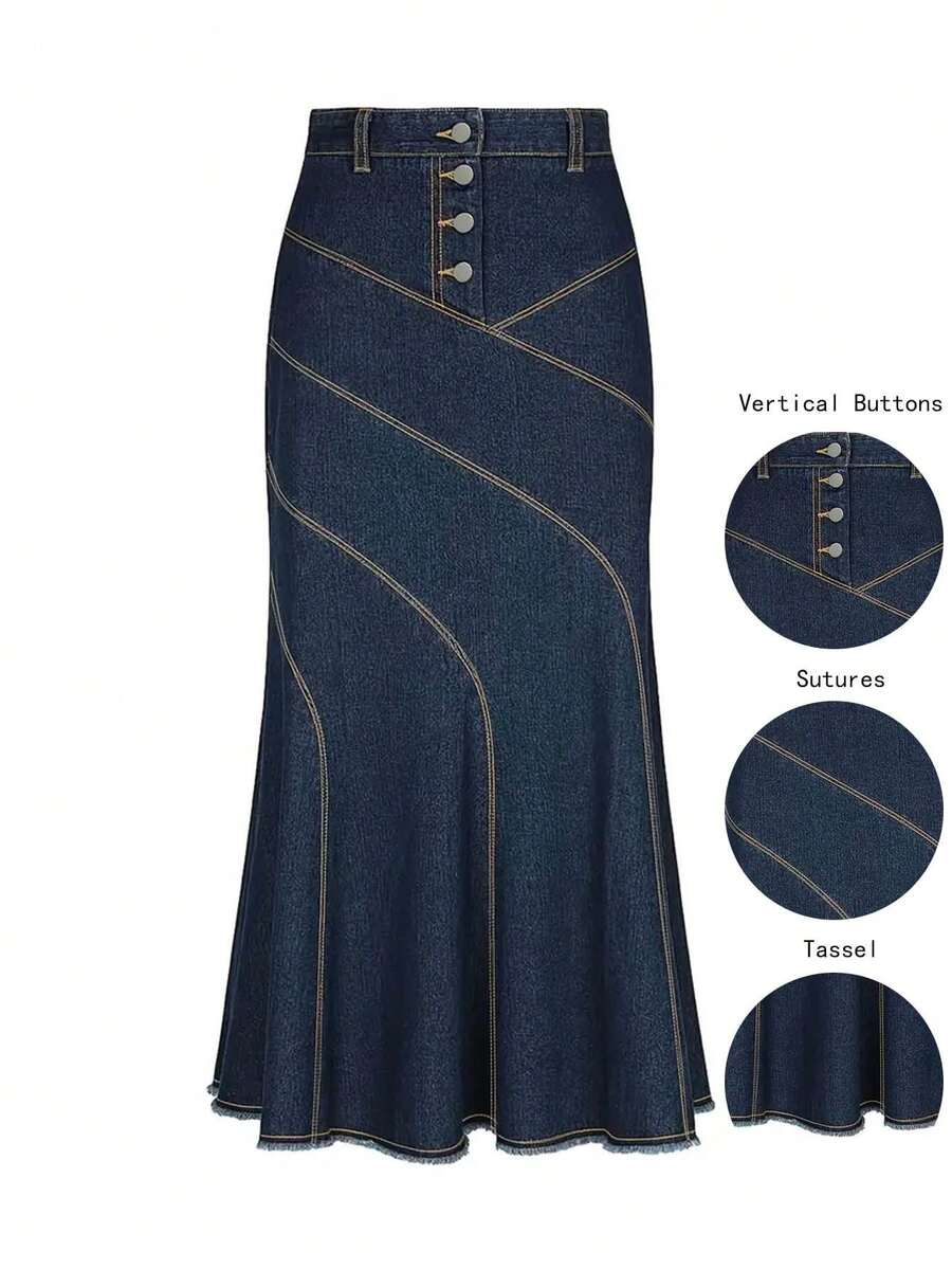 Denim Skirt Women Plus Size, Blue Machine Washable Denim Skirt For Women, Woven Fabrics | Casual And Comfortable | Spring, Summer & Autumn Plus-Size Women'S Clothing - 藍色 - 查看 1