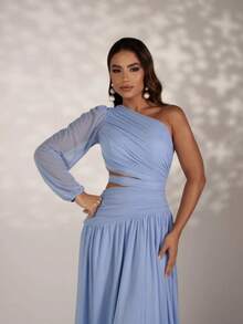 Long Dress For Bridesmaids Wedding Graduation One Sleeve Elegant - Serenity Blue - View 2