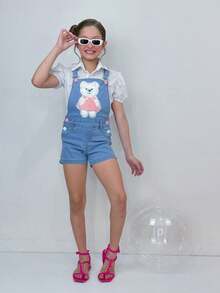 Victoria Jeans Macacão Jardineira Jeans Short Infantil Ursinha Charmosa - Lavagem clara - Visão 4