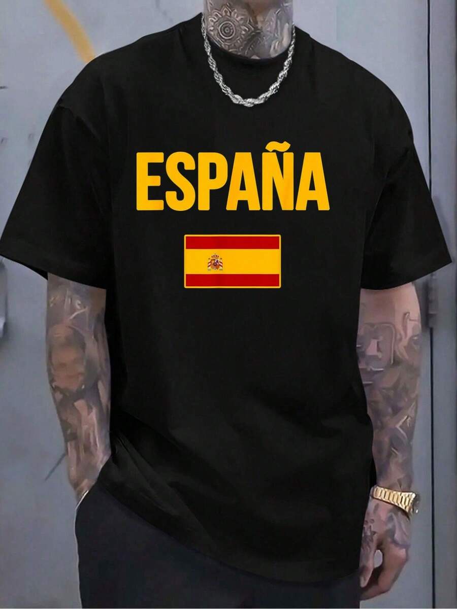 100% Cotton Spain Spanish Flag Espana Souvenir T-Shirt Casual Short Sleeve Shirt Women's Men's Graphic Tee Causal Tops - 黑色 - 查看 1