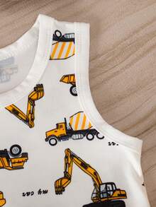 Set de 3 piezas de chaleco informal para niños pequeños, con Top de cuello redondo con diseños de autos de dibujos animados y a rayas, adecuado para uso en exteriores o interiores en verano - Multicolor - Ver 5
