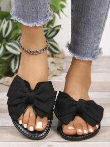 Wide Fit Women Plus Size Oversized Bow Flower Anti-Slip Flat Round Toe Leather Sandals, Brown, Suitable For Home, Gathering, Vacation, Spring/Summer