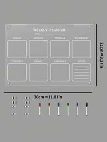 磁性透明亚克力周计划板套装，干擦磁性冰箱便签贴纸（附带 6 支随机颜色白板笔）