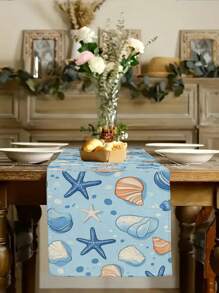 1pc Ocean Theme Turtle, Shell, Coral, Lighthouse Printed Table Runner, Kitchen Dining Room Decor, Holiday Decorative Table Runner, Home Party Decor, Home Decor, Scenic Decor, Outdoor Dining Table, Coffee Table Decorative Flag