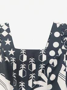 Đầm dài đến đầu gối bằng vải dệt họa tiết hoa và hình học, thích hợp mặc hàng ngày vào mùa hè, màu đen, kiểu dáng thanh lịch cho mùa xuân. - màu đen - Xem 2