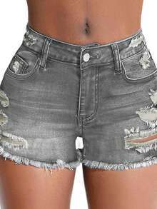 Mid-Waist Skinny Stretch Shorts - Distressed Frayed Hem, Showcasing Fashionable Style - Light Grey - View 1