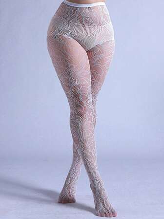 1 pieza Medias de mujer de talla grande con patrón de red, leggings con recorte de hojas, sexy y de moda, apropiado para fiesta, hogar, oficina, todo a juego, color blanco