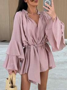 1pc Women's Casual Comfortable Commuting Everyday Spring/Summer/Autumn Long Sleeve Multi-Layered Cuff V-Neck Tie-Waist Blouse, Suitable For Daily Wear, Travel, Cafe, Date, Shopping, Halloween, Christmas, New Year, Thanksgiving