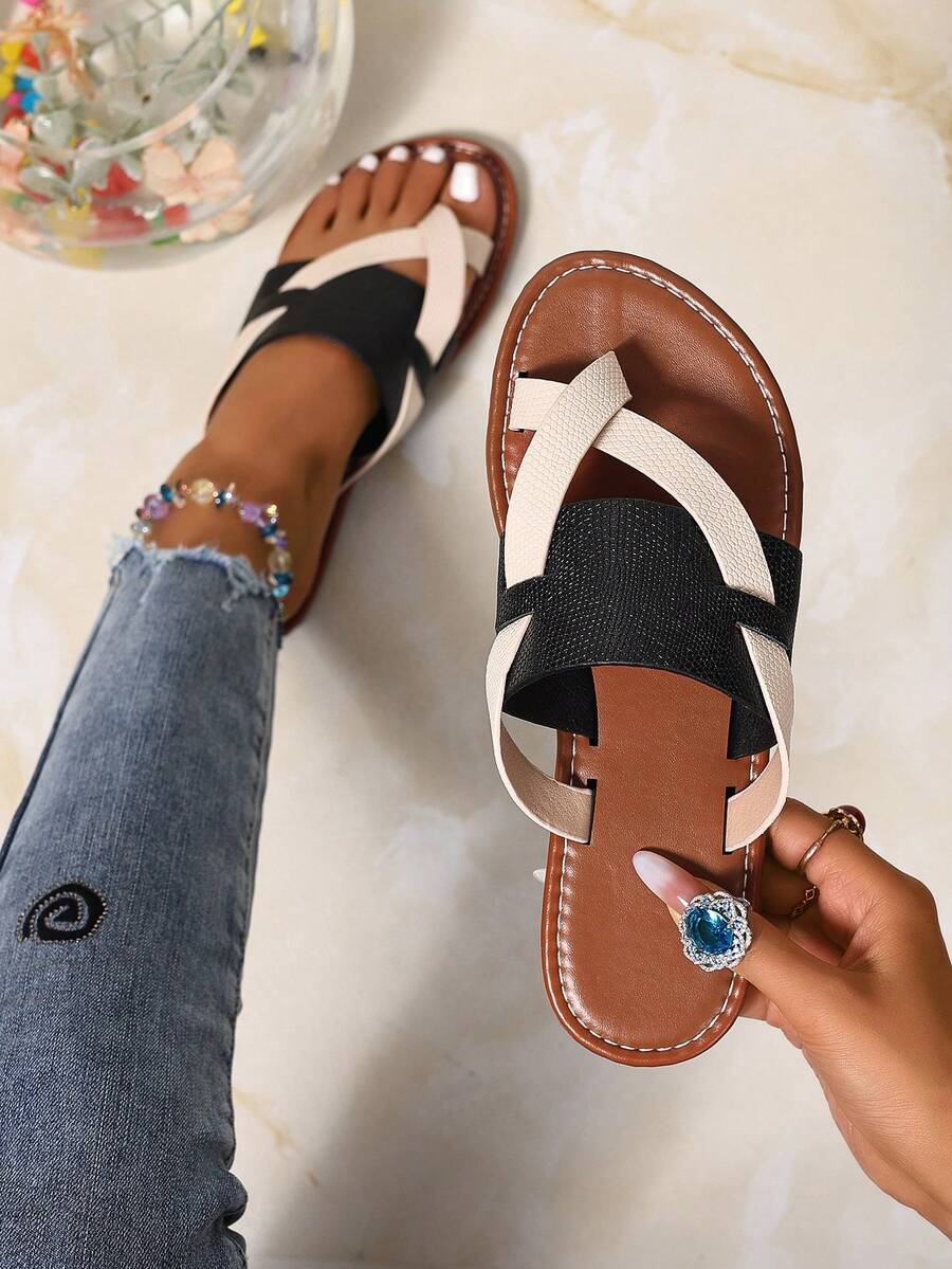 New Brand H Women Slippers, Fashion Casual Strap Flip Flops, Slip-On Roman Style Sandals, Summer Slouchy Comfortable Black Beige Brown Flat Embossed Slides, Desert Key French Elegant Rhinestone Thick Bottom Wedge Sandals, Beach Shoes, Retro Minimalist Indoor & Outdoor Slippers, Crocodile Pattern Slip-On Metal Decor Flat Sandals, Summer