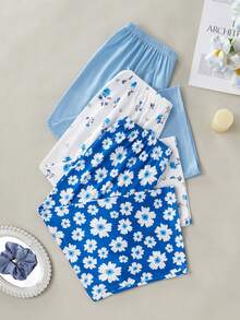 3 Pcs Women Casual 7/8 Pants & Shorts, Daisy & Rose Print, Solid Color, Elastic Waist, Loose Fit Pajama Bottoms - Multicolor - View 3