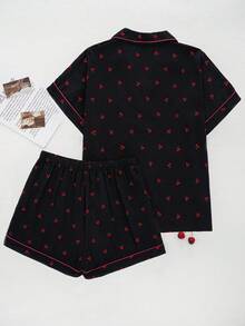 Bộ 2 áo khoác cardigan cổ nơ họa tiết quả anh đào cỡ lớn cho nữ, có túi và quần short, mặc ở nhà/đồ ngủ thoải mái, thường ngày - màu đen - Xem 2