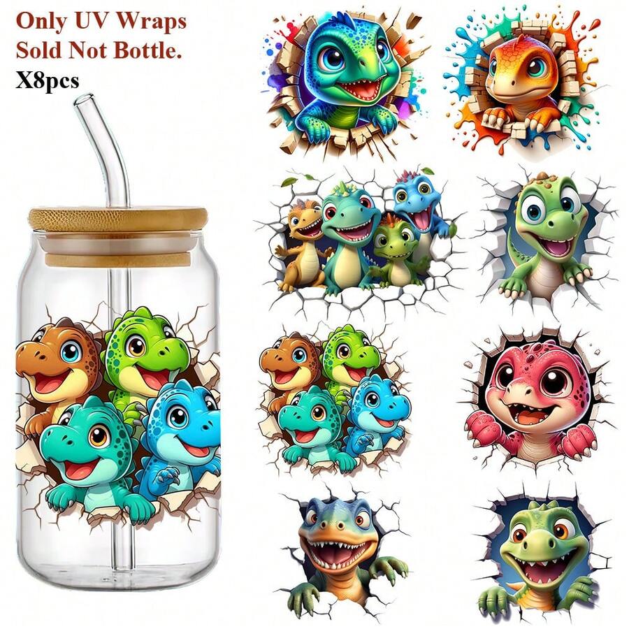 8pcs/Set Cute Dinosaur Theme UV DTF Cup Wraps Decals, Transfer Adhesive Stickers For Mug Water Bottle Cup, DTF Transfer Paper For 16 OZ Glass Can Wraps, DIY Crafts-High Quality - Multicolor - View 1