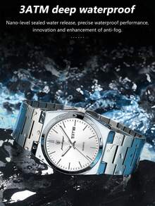 POEDAGAR 1pc Fashionable Waterproof Luminous Stainless Steel Men's Watch With Date & Day Display, Casual Quartz Wristwatch For Men, Men's Watch + Gift Box