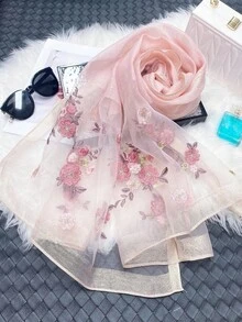 1pc Women's Pink Floral Gold Thread Embroidered Mulberry Silk & Wool Blend Shawl Scarf, Elegant & Charming, Suitable For Autumn/Winter, Mothers' Gift, Party, Summer Travel UV Protection - Pink - View 3