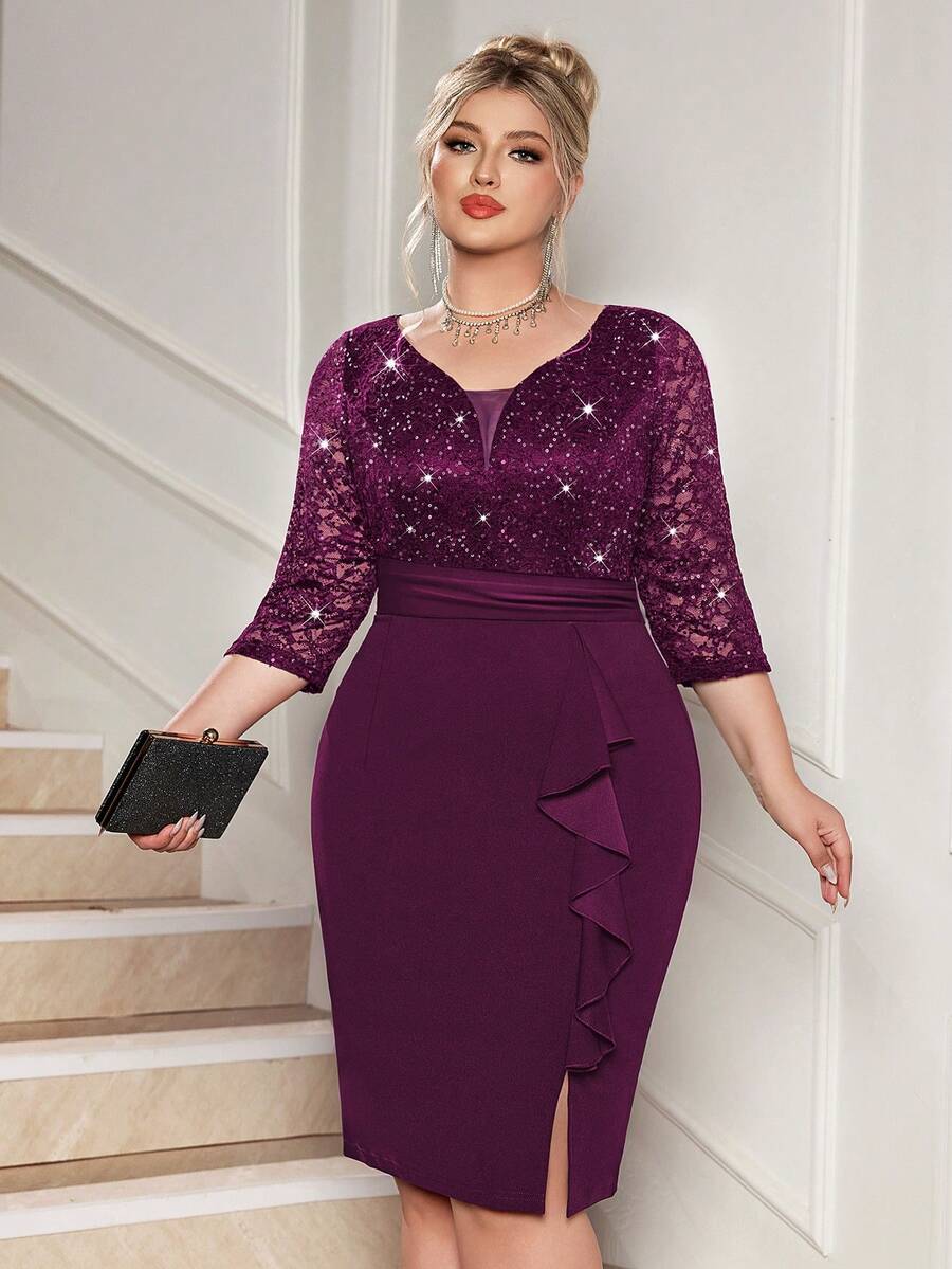 Plus Deep V-Neck Sequin Floral Lace Contrast Ruffle Trim Split Hem Evening Party Bodycon Dress, Semi Formal Wedding Guest Dress, For Birthday, Graduation, Dinner, Homecoming - Màu Tím - Xem 1