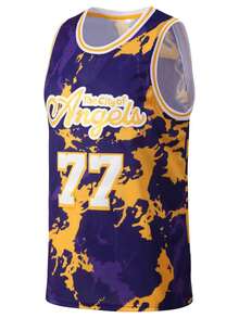 Atonmore Men's 77 Purple Graffiti Embroidered Stitched Basketball Jersey Sleeveless Sports Tank Top Spring Fall - Purple - View 2