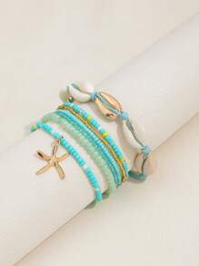 7pcs/Set Bohemian Style Shell & Bead Decor Hand Chain With Starfish Pendant, Women Bracelet Set (Random Bead Colors)