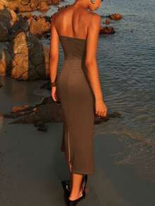 女士性感镂空无肩带海星金属装饰紧身连衣裙，露背Y2K优雅晚宴派对婚礼宾客鸡尾酒礼服，别致镂空设计连衣裙，春夏秋季 - 咖啡 - 查看 5